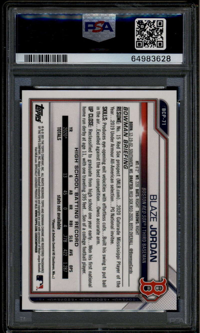 2021 Bowman Chrome Sapphire Green Refractor bcp71 Blaze Jordan RC 5/125 PSA 9