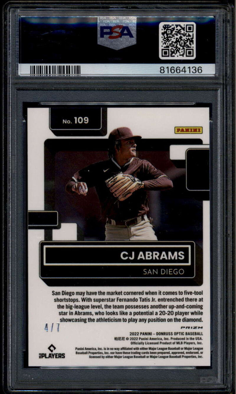 2022 Donruss Optic Cracked Ice Blue Refractor 109 CJ Abrams Rookie RC 4/7 PSA 9