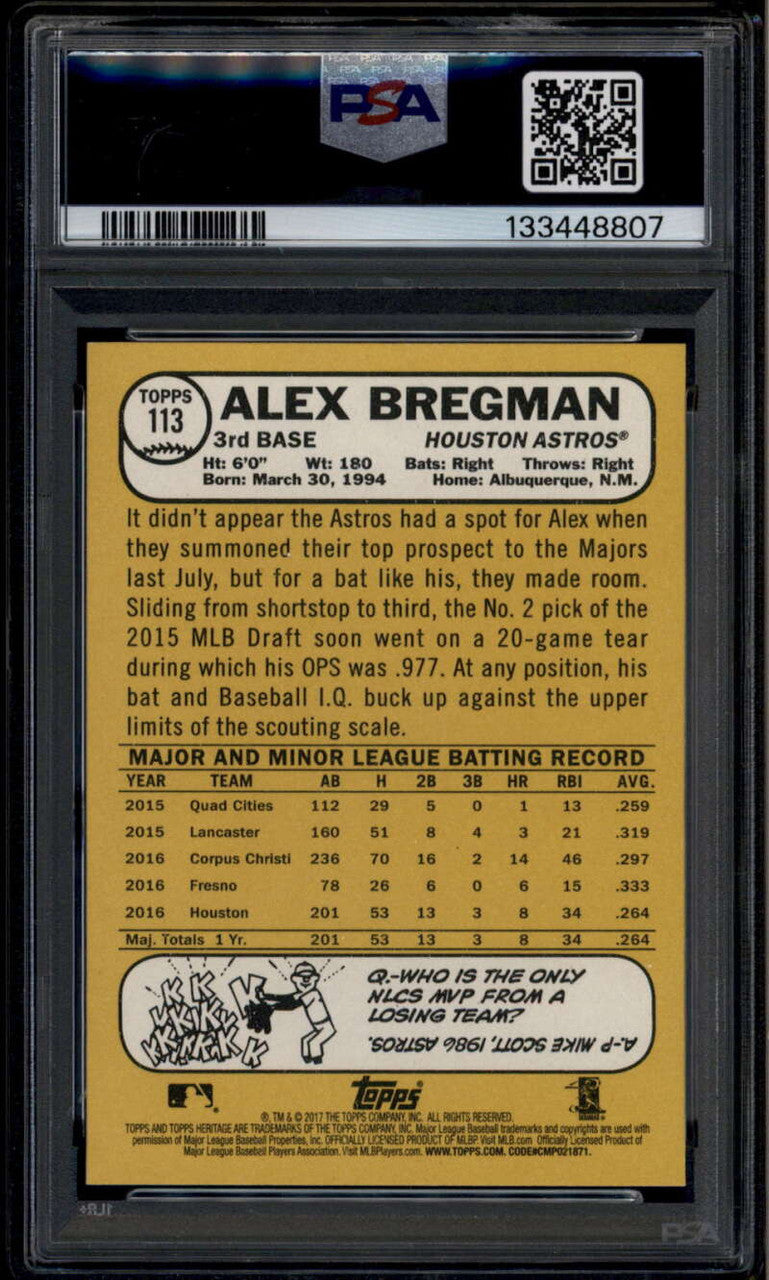 2017 Topps Heritage 113b Alex Bregman Action Variation Rookie RC SP PSA 10 GEM