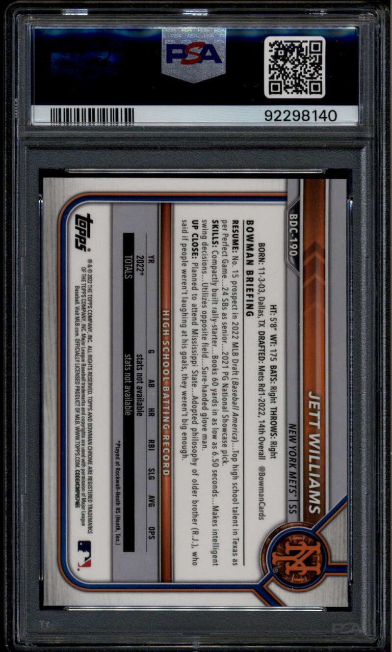 2022 Bowman Chrome Draft Sapphire bdc190 Jett Williams Rookie RC PSA 10 GEM MT