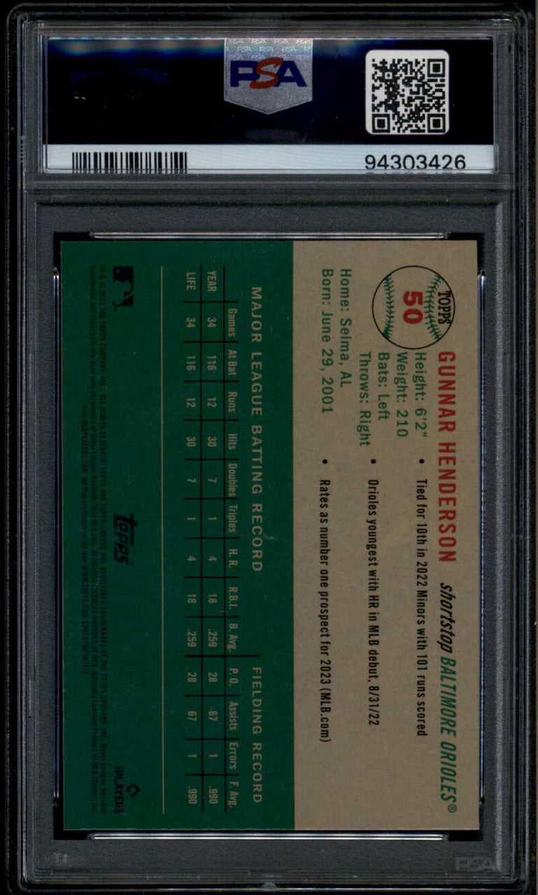 2023 Topps Chrome Platinum Prism Refractor 50 Gunnar Henderson RC PSA 10 GEM