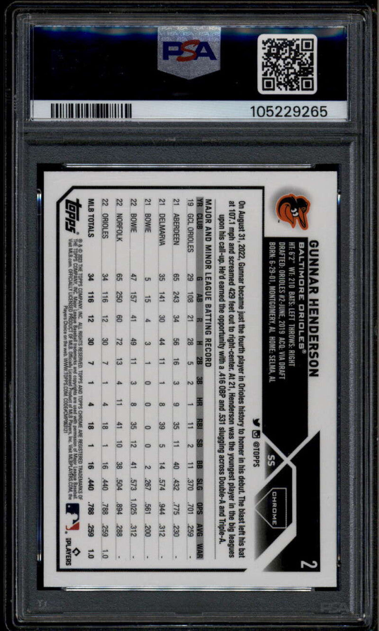 SOLD 185483 2023 Topps Chrome Prism Refractor 2 Gunnar Henderson Rookie RC PSA 10 GEM MT