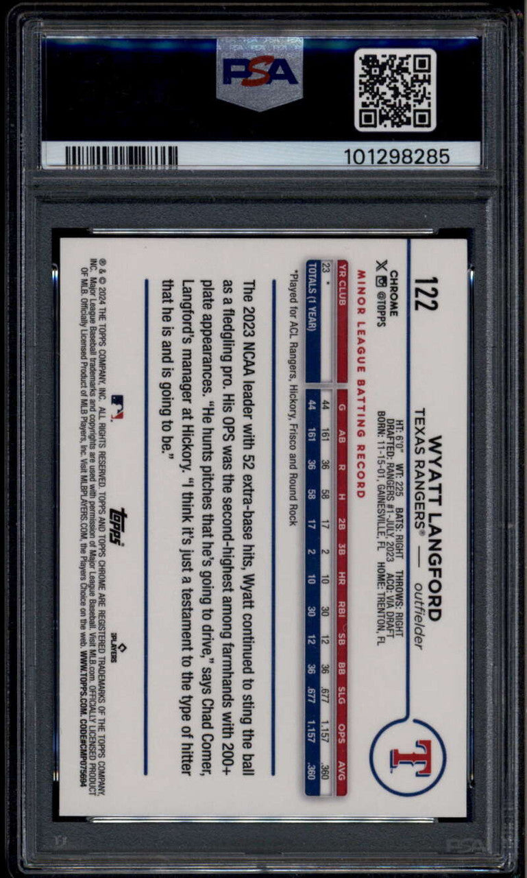 2024 Topps Chrome Aqua RayWave Refractor 122 Wyatt Langford RC 64/199 PSA 10