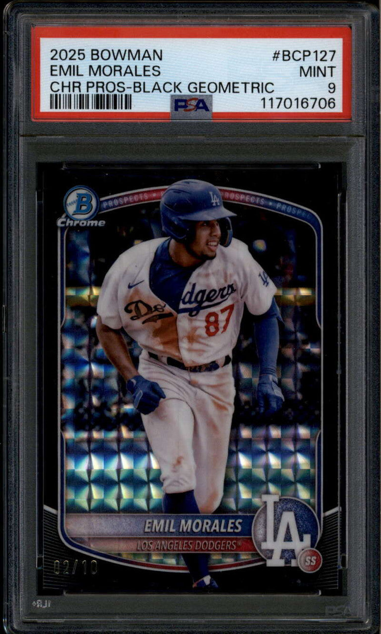 SOLD 185497 2025 Bowman Chrome Prospects Black Geometric Refractor Emil Morales RC /10 PSA 9
