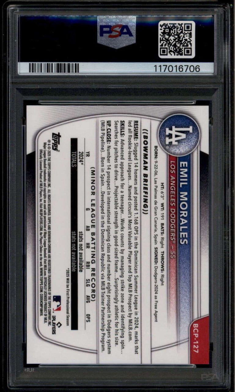 SOLD 185497 2025 Bowman Chrome Prospects Black Geometric Refractor Emil Morales RC /10 PSA 9