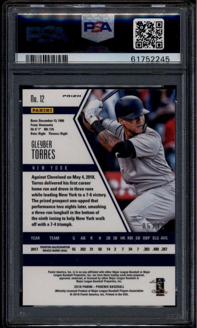 2018 Panini Phoenix Gold Refractor 12 Gleyber Torres Rookie 6/10 PSA 10 GEM MT