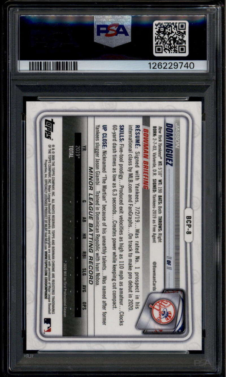 2020 Bowman Chrome Atomic Refractor bcp8 Jasson Dominguez Rookie RC PSA 10 GEM