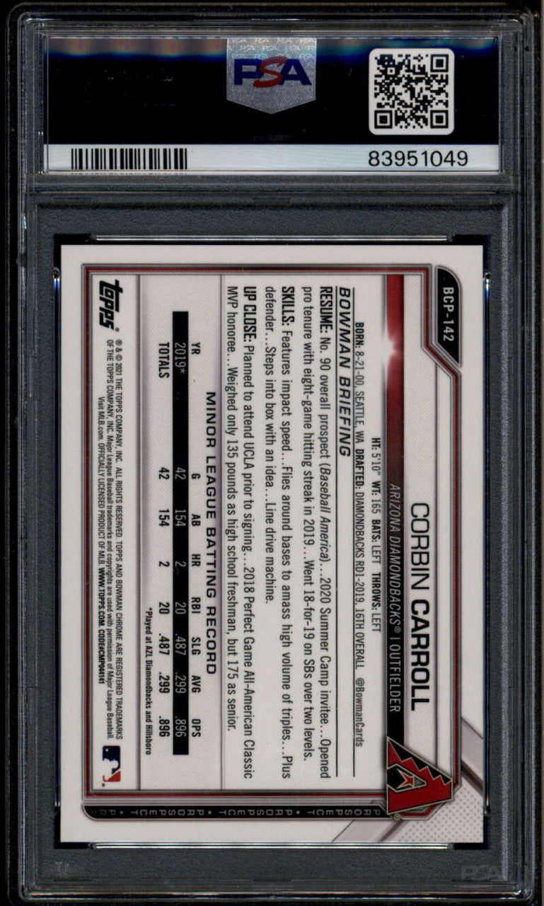 2021 Bowman Chrome Prospect Yellow Refractor bcp142 Corbin Carroll RC /75 PSA 10