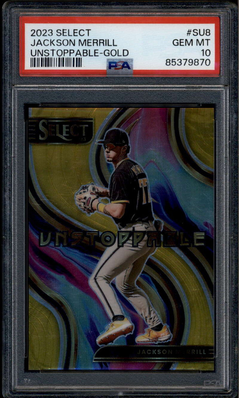 2023 Select Unstoppable Prizms Gold 8 Jackson Merrill Rookie RC 7/10 PSA 10 GEM