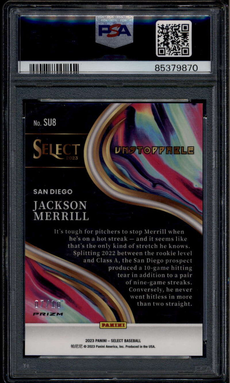 2023 Select Unstoppable Prizms Gold 8 Jackson Merrill Rookie RC 7/10 PSA 10 GEM
