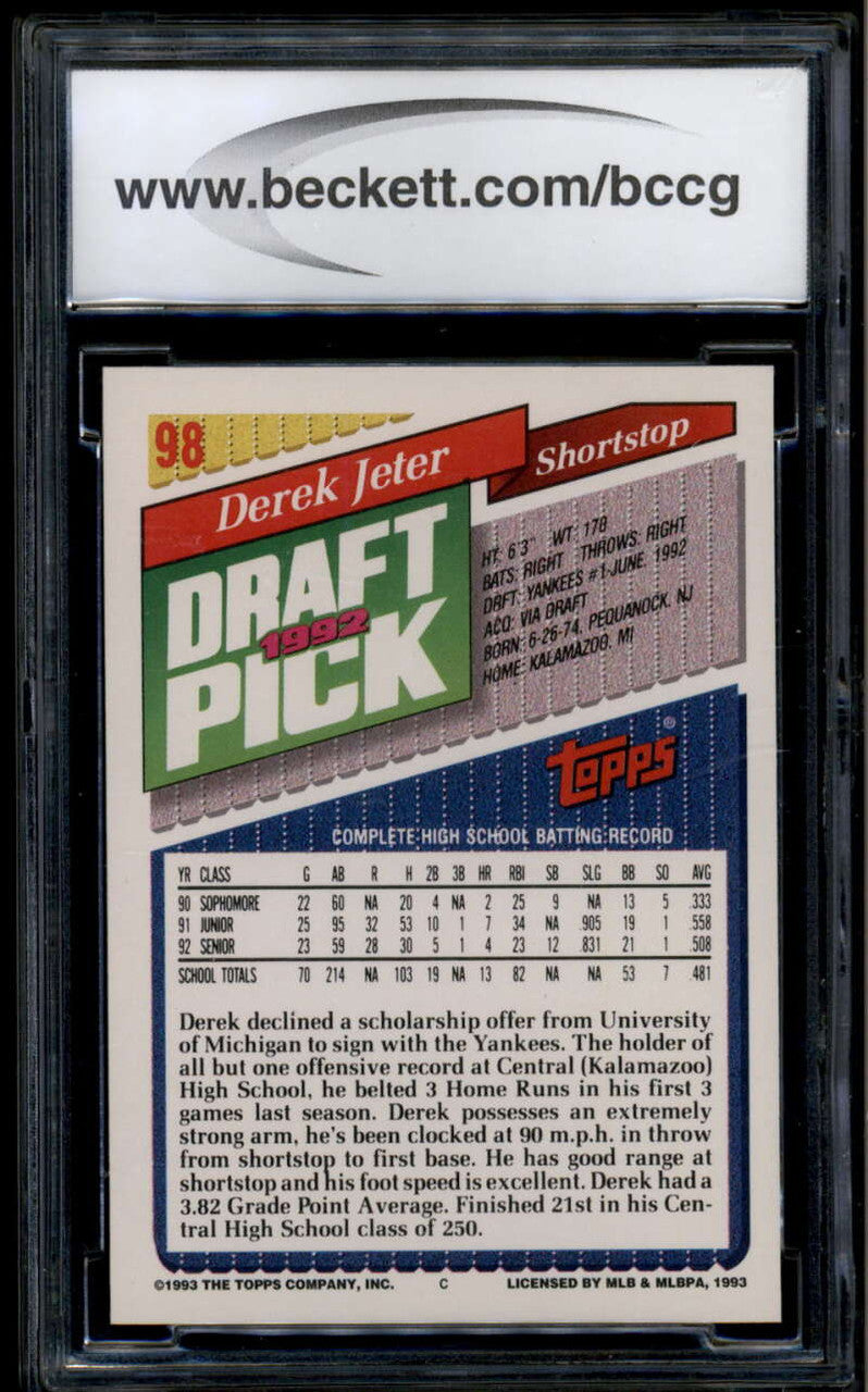 1993 Topps 98 Derek Jeter Rookie RC BCCG 10 MINT or Better