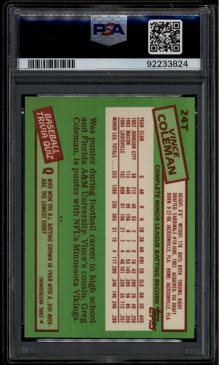 SOLD 185518 1985 Topps Traded 24t Vince Coleman XRC Rookie RC PSA 10 GEM MT