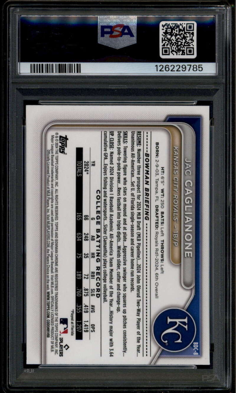 SOLD 185523 2024 Bowman Chrome Draft Lunar Glow Refractor Jac Caglianone Rookie RC PSA 10