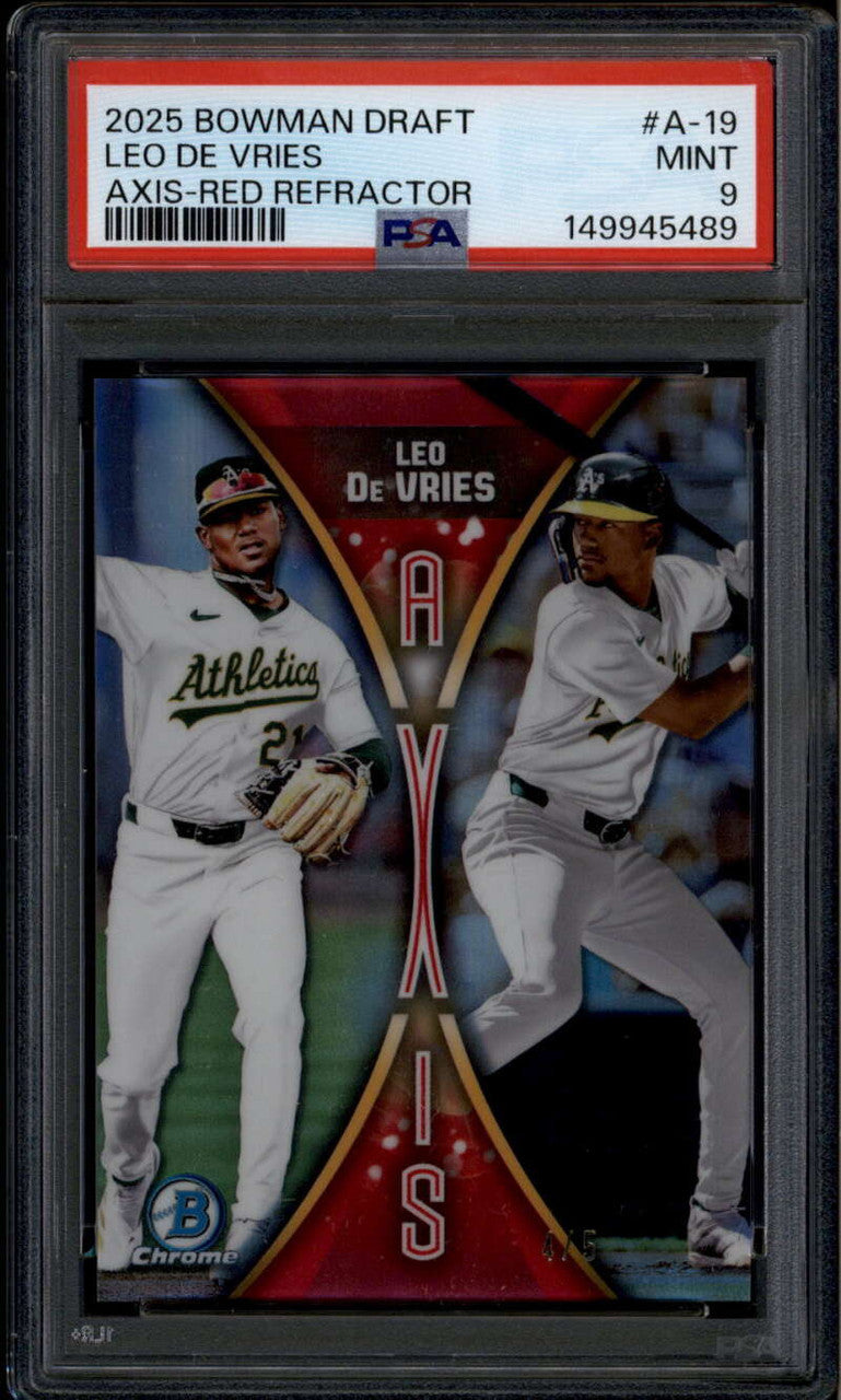 2025 Bowman Chrome Draft Axis Red Refractor a19 Leo De Vries Rookie RC 4/5 PSA 9