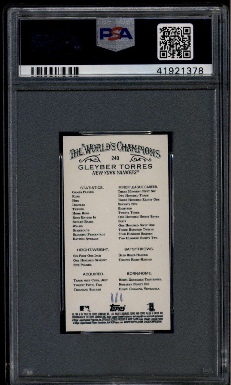 2018 Topps Allen and Ginter Mini Glossy 240 Gleyber Torres Rookie RC 1/1 PSA 9