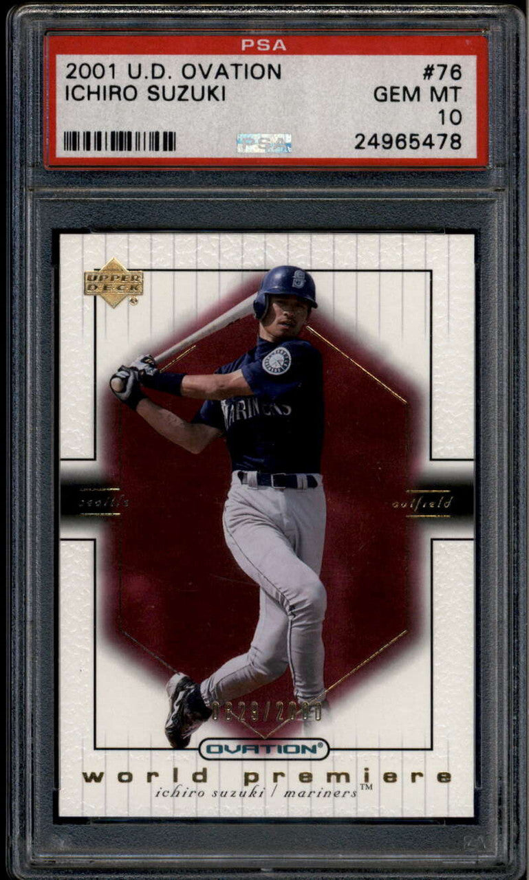 SOLD 185537 2001 Upper Deck Ovation 76 Ichiro Suzuki WP 829/2000 World Premiere PSA 10 GEM