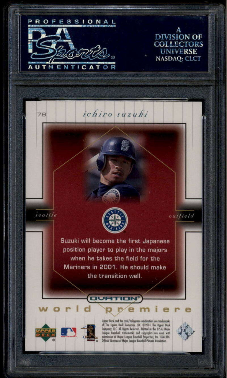 SOLD 185537 2001 Upper Deck Ovation 76 Ichiro Suzuki WP 829/2000 World Premiere PSA 10 GEM