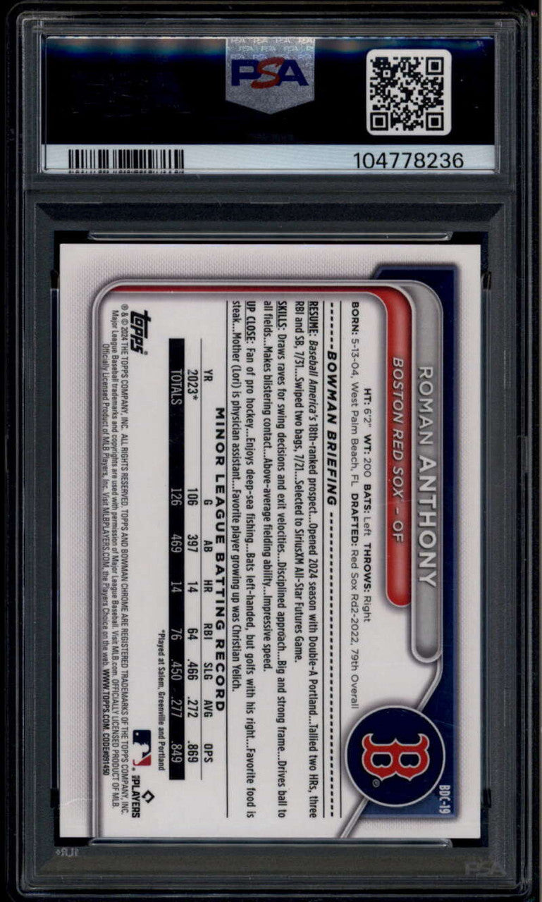 2024 Bowman Chrome Draft Black Refractor Roman Anthony Rookie RC 10/10 PSA 9