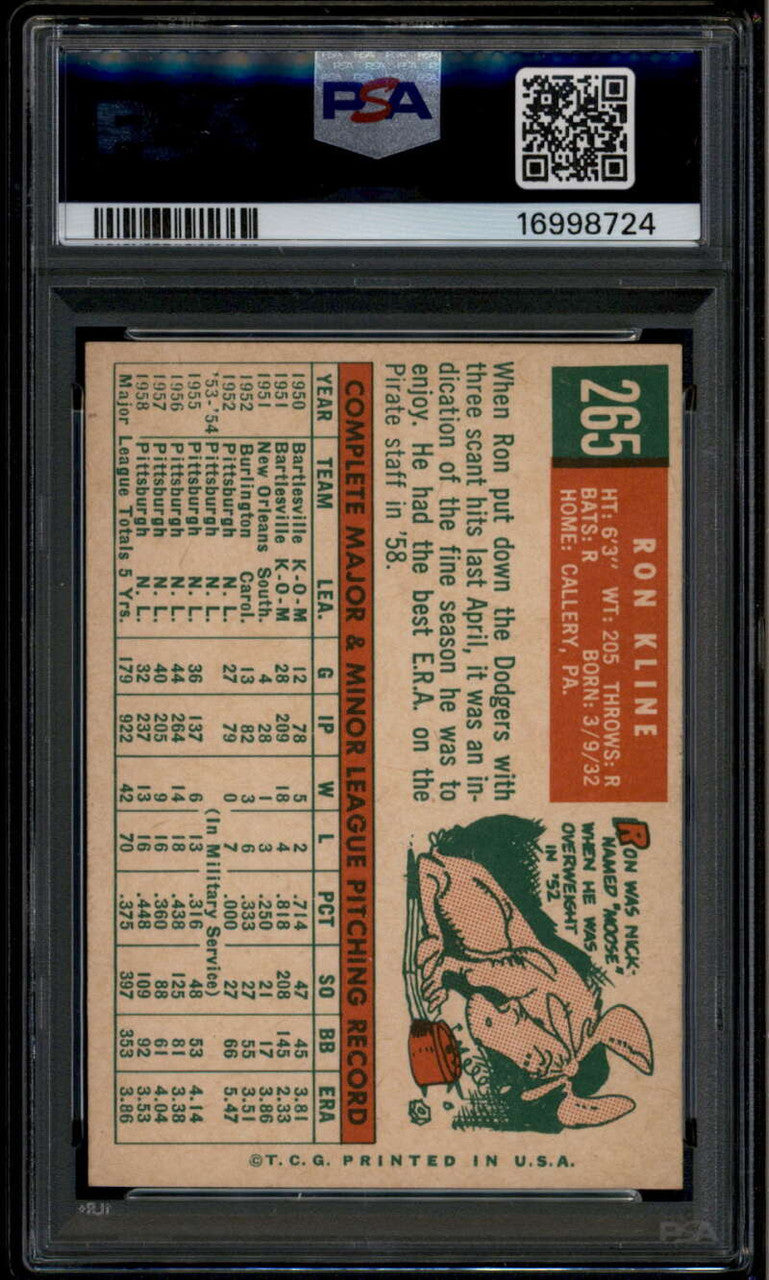 1959 Topps 265 Ron Kline White Back PSA 8 NM-MT
