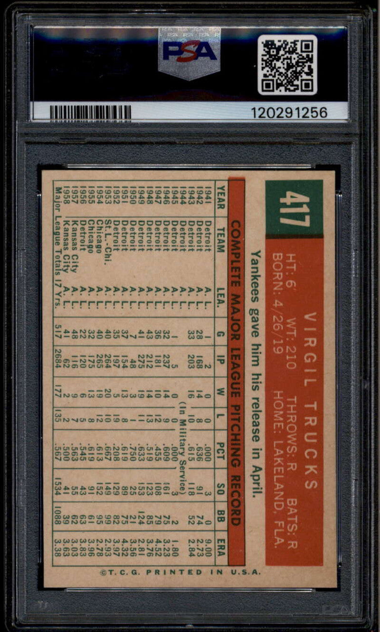 1959 Topps 417 Virgil Trucks PSA 8 NM-MT