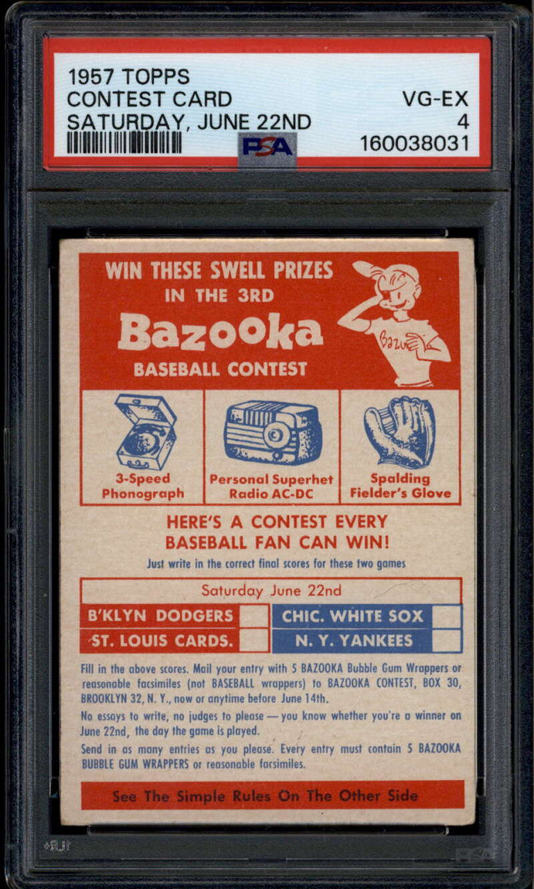 1957 Topps cc3 Contest Card Saturday June 22nd Dodgers Yankees Cardinals PSA 4 1