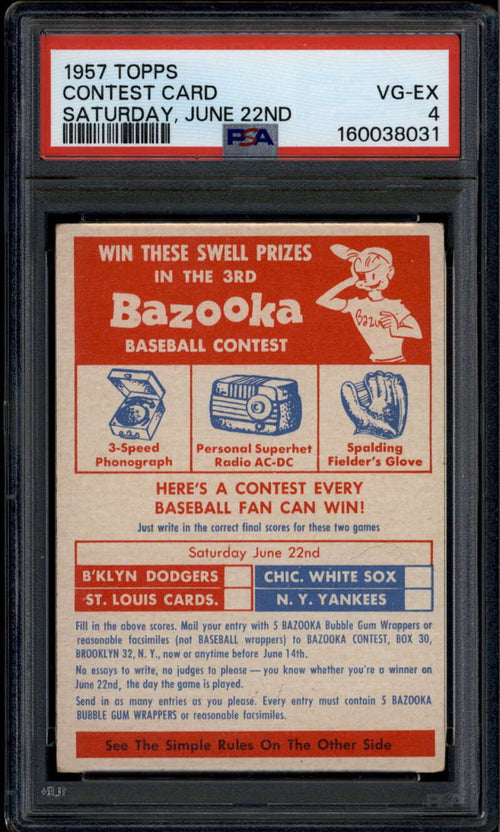 1957 Topps cc3 Contest Card Saturday June 22nd Dodgers Yankees Cardinals PSA 4 1