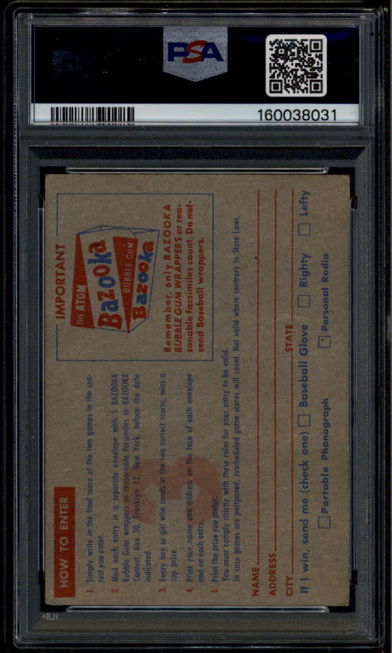 1957 Topps cc3 Contest Card Saturday June 22nd Dodgers Yankees Cardinals PSA 4 1