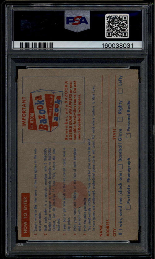 1957 Topps cc3 Contest Card Saturday June 22nd Dodgers Yankees Cardinals PSA 4 1