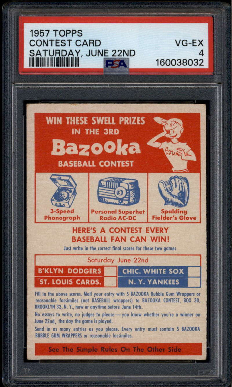 1957 Topps cc3 Contest Card Saturday June 22nd Dodgers Yankees Cardinals PSA 4 2