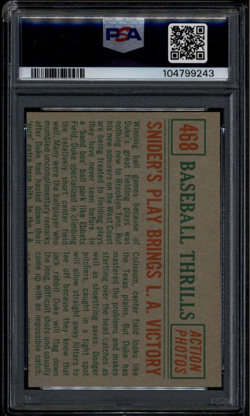 1959 Topps 468 Duke Snider BT Thrills Snider's Play LA Victory PSA 8 MC NM-MT