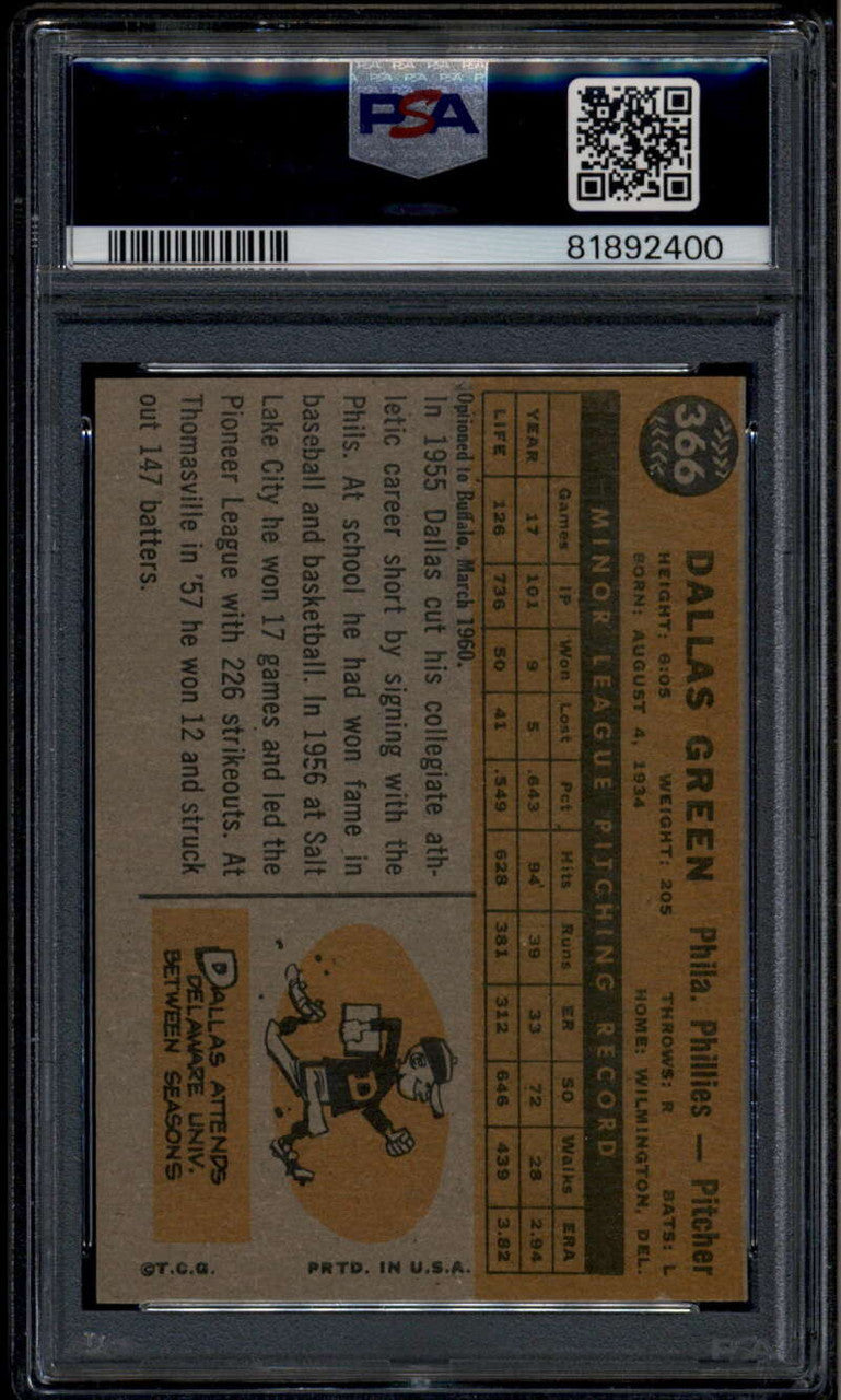1960 Topps 366 Dallas Green Rookie RC PSA 8 NM-MT