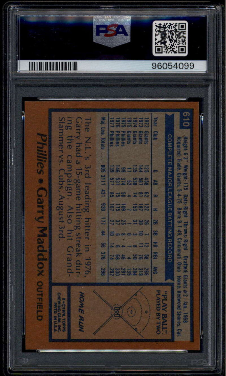 SOLD 185568 1978 Topps 610 Garry Maddox PSA 10 GEM MT