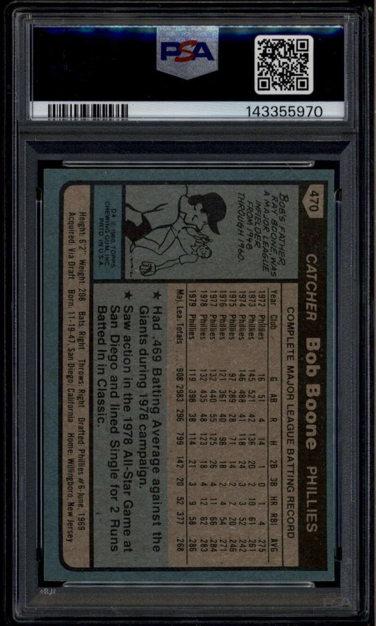 1980 Topps 470 Bob Boone PSA 10 GEM MT