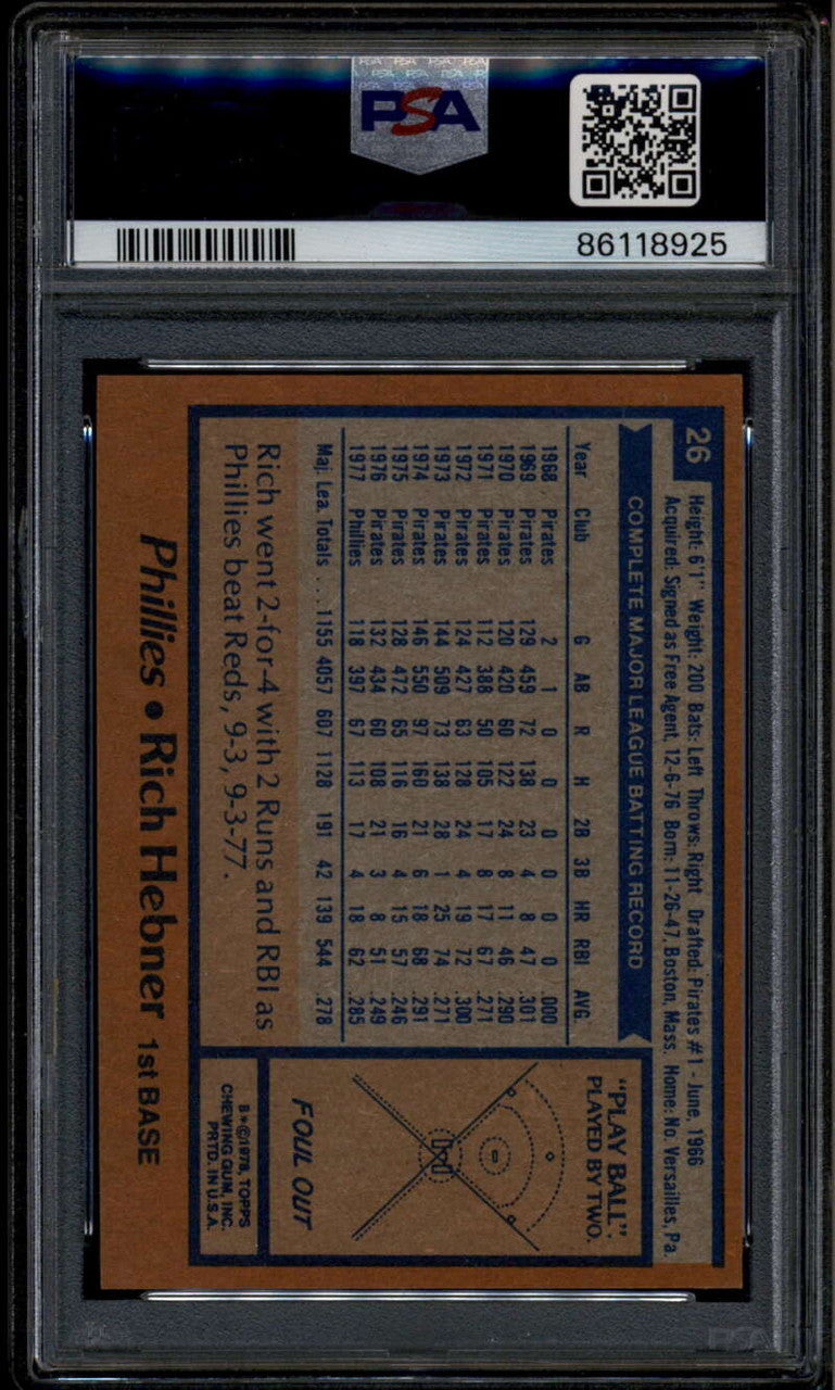 SOLD 185575 1978 Topps 26 Rich Hebner PSA 10 GEM MT 86118925