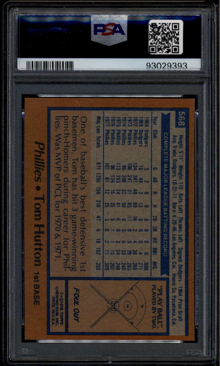 1978 Topps 568 Tom Hutton PSA 10 GEM MT