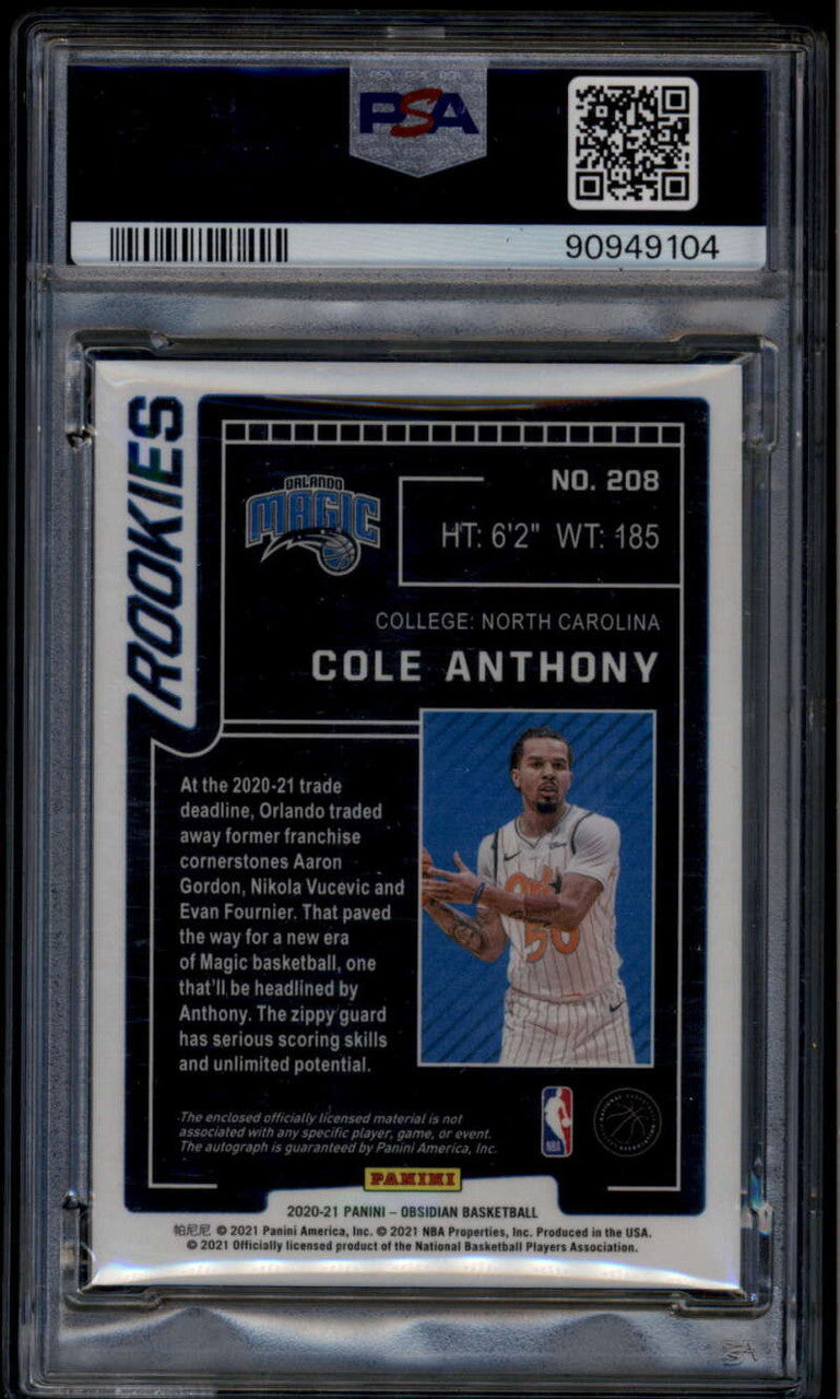 2020-21 Panini Obsidian Etch Yellow Flood 208 Cole Anthony RC Patch Auto PSA 10