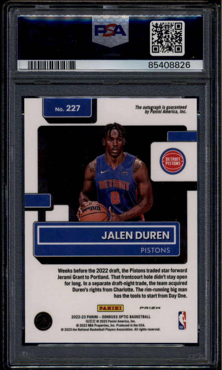 2022-23 Donruss Optic Rated Rookie Fast Break 227 Jalen Duren RC Auto PSA 9 MINT