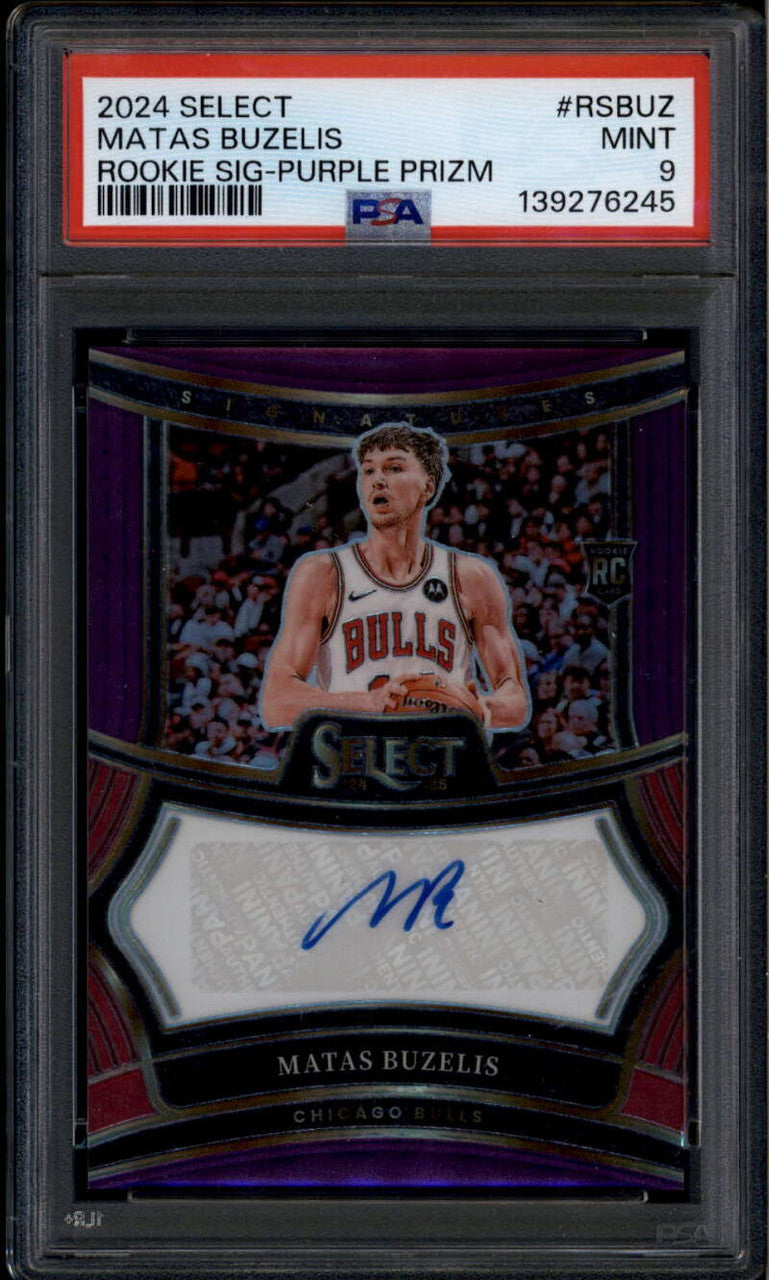 SOLD 185603 2024-25 Select Rookie Signatures Purple Prizms Matas Buzelis RC Auto 8/75 PSA 9
