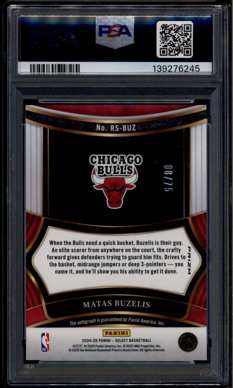 SOLD 185603 2024-25 Select Rookie Signatures Purple Prizms Matas Buzelis RC Auto 8/75 PSA 9