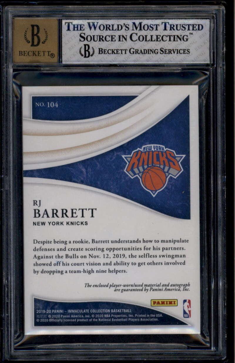 2019-20 Immaculate Collection 104 RJ Barrett Rookie RC Patch Auto 55/99 BGS 8 10