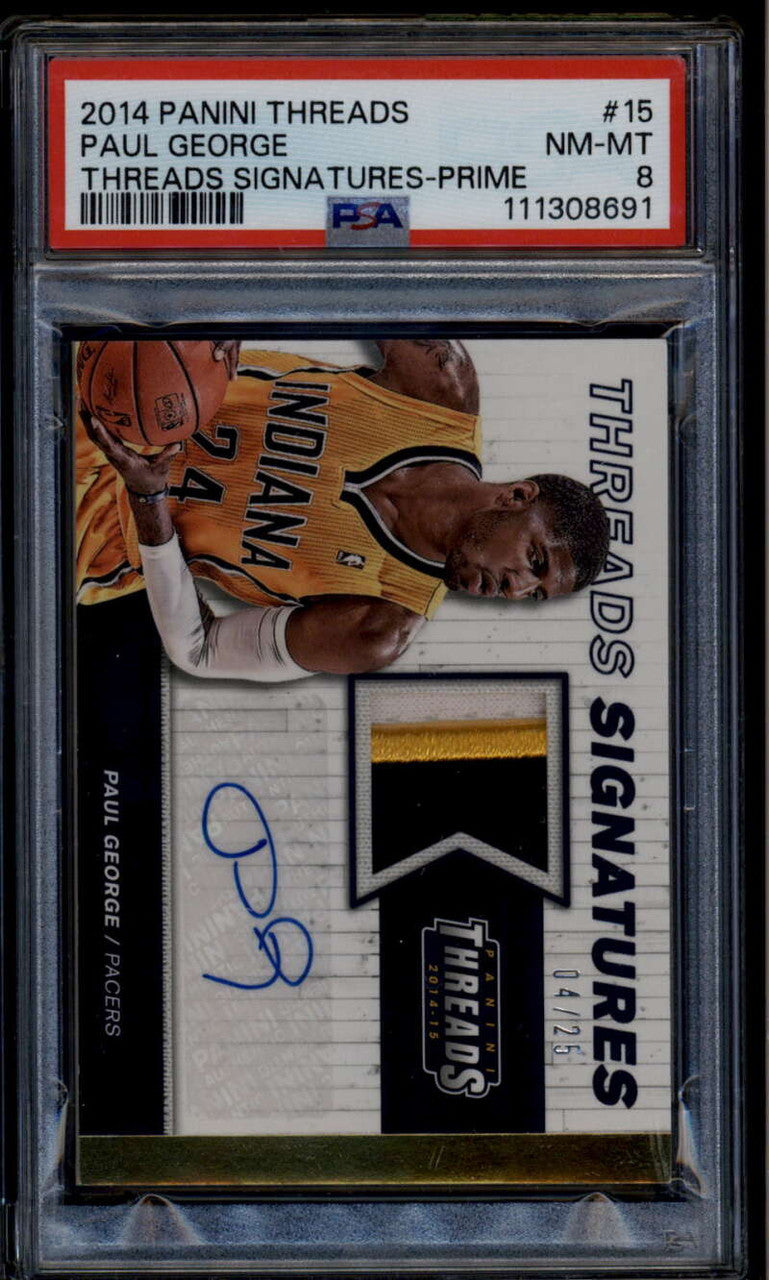 2014-15 Panini Threads Signatures Prime 15 Paul George Patch Auto 4/25 PSA 8