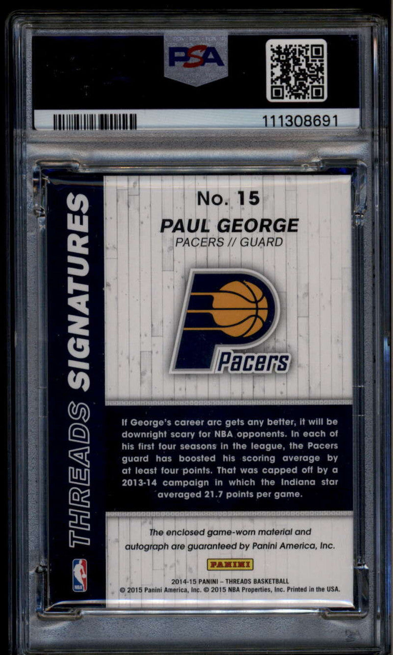 2014-15 Panini Threads Signatures Prime 15 Paul George Patch Auto 4/25 PSA 8