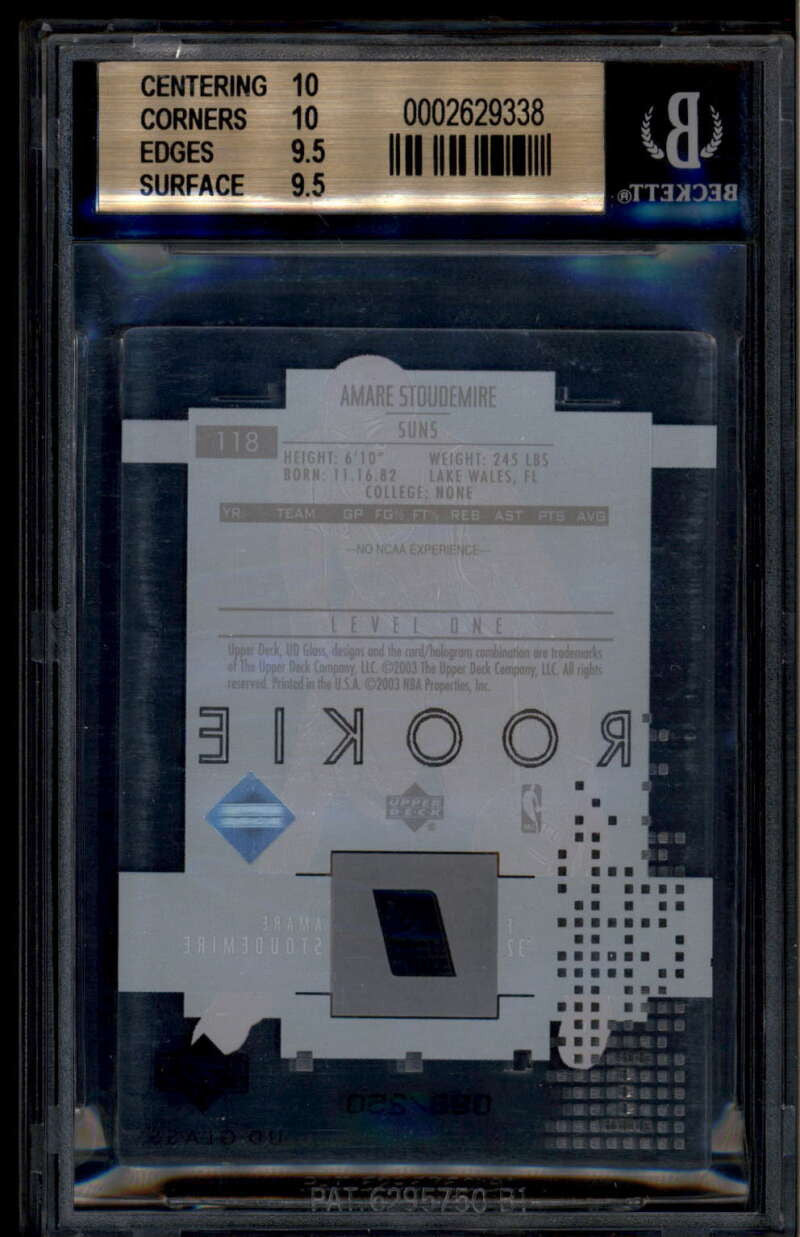 SOLD 185661 2002-03 UD Glass 118 Amare Stoudemire Rookie RC 82/250 BGS 9.5 GEM MINT