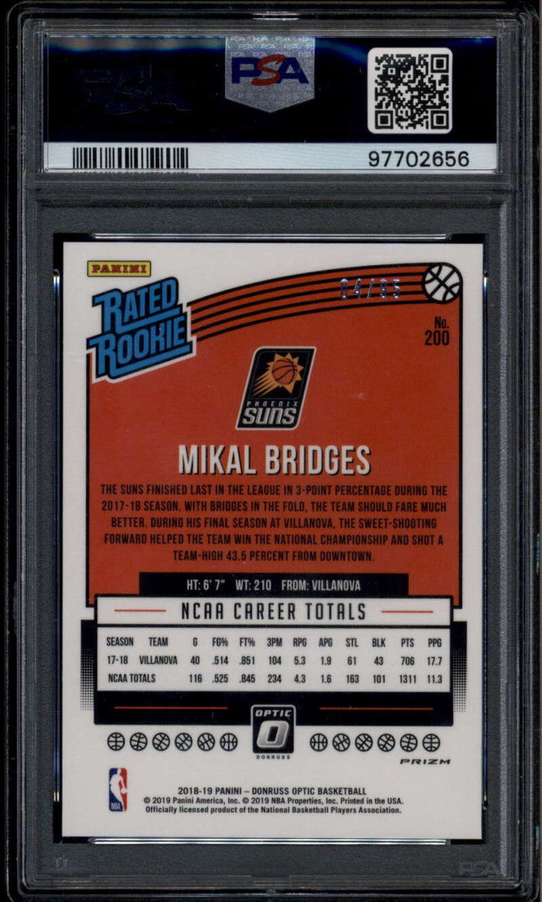 2018-19 Donruss Optic Fast Break Purple 200 Mikal Bridges RR Rated RC 4/95 PSA 9