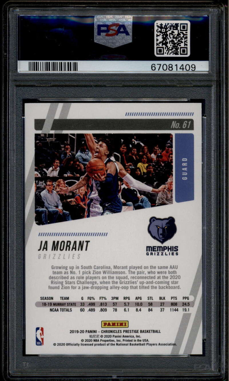 SOLD 185669 2019-20 Panini Chronicles Red 61 Ja Morant Prestige Rookie RC 85/149 PSA 10 GEM