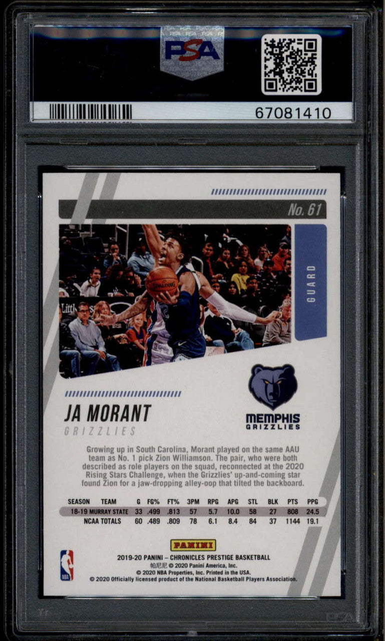 SOLD 185670 2019-20 Panini Chronicles Red 61 Ja Morant Prestige Rookie RC 83/149 PSA 10 GEM