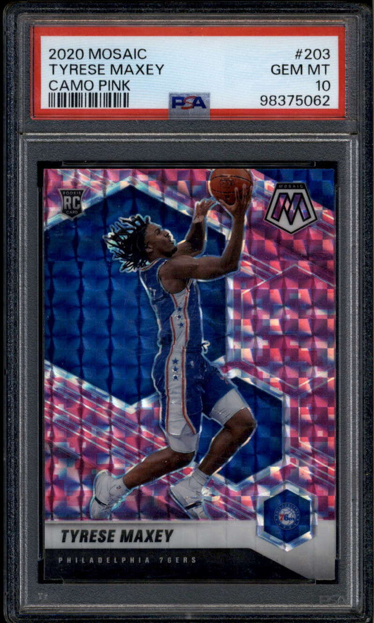 SOLD 185671 2020-21 Panini Mosaic Camo Pink Refractor 203 Tyrese Maxey Rookie RC PSA 10 GEM