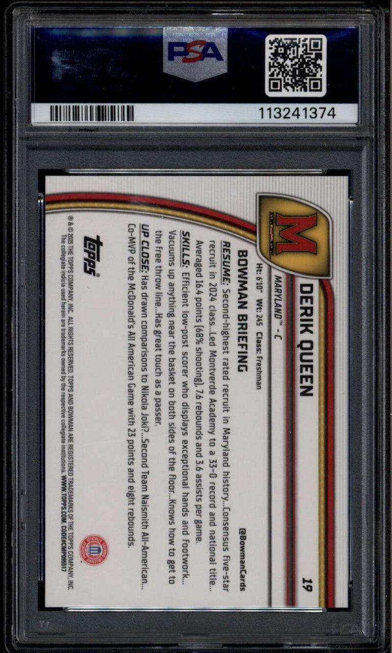 2024-25 Bowman Chrome U Reptilian Orange Refractor 19 Derik Queen RC 4/25 PSA 9