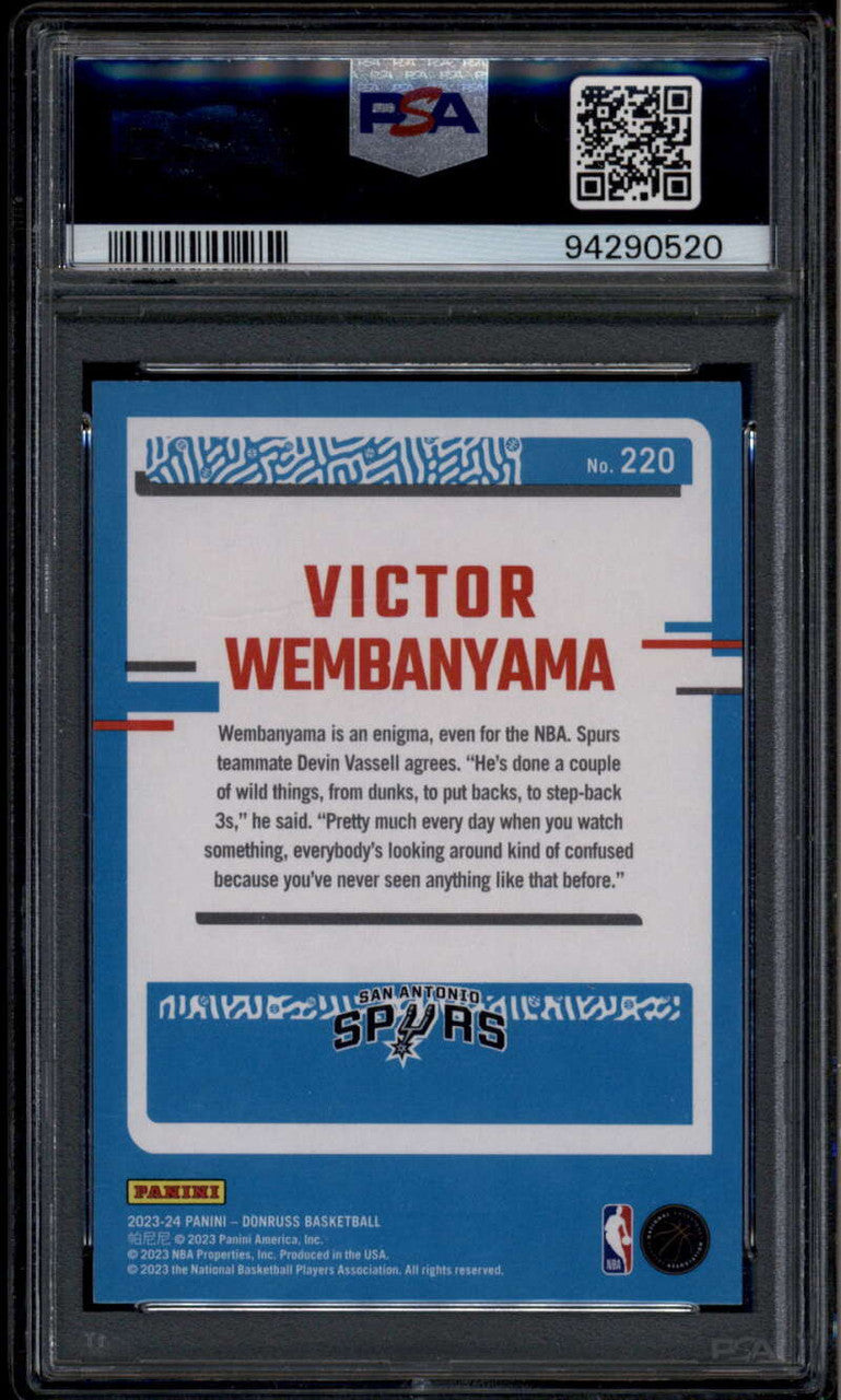 SOLD 185687 2023-24 Donruss Holo Green Laser 220 Victor Wembanyama RR Rated Rookie RC PSA 9