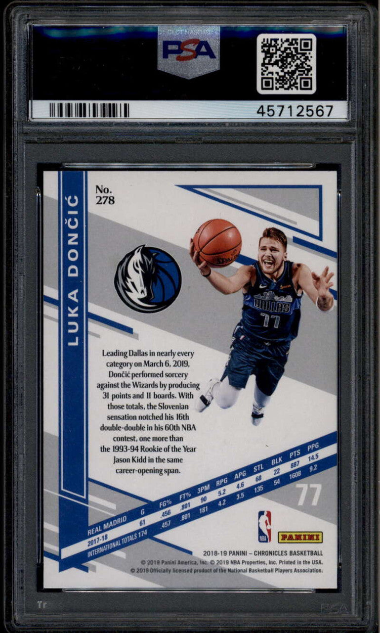 SOLD 185689 2018-19 Panini Chronicles 278 Luka Doncic Elite Rookie RC PSA 10 GEM MT